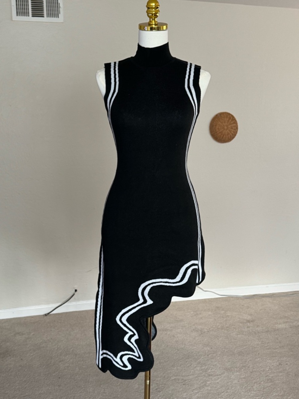 Sleeveless Black Knit Asymmetrical Dress with White Trim